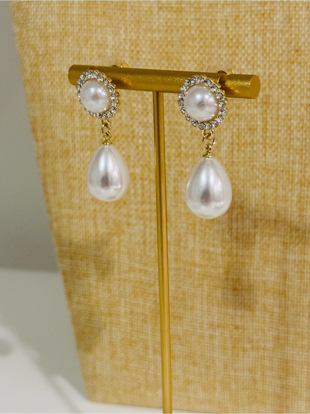 Fashion Jewelry Gold-Plated Pearl Drop Earrings with Crystal Halo - White & Gold
